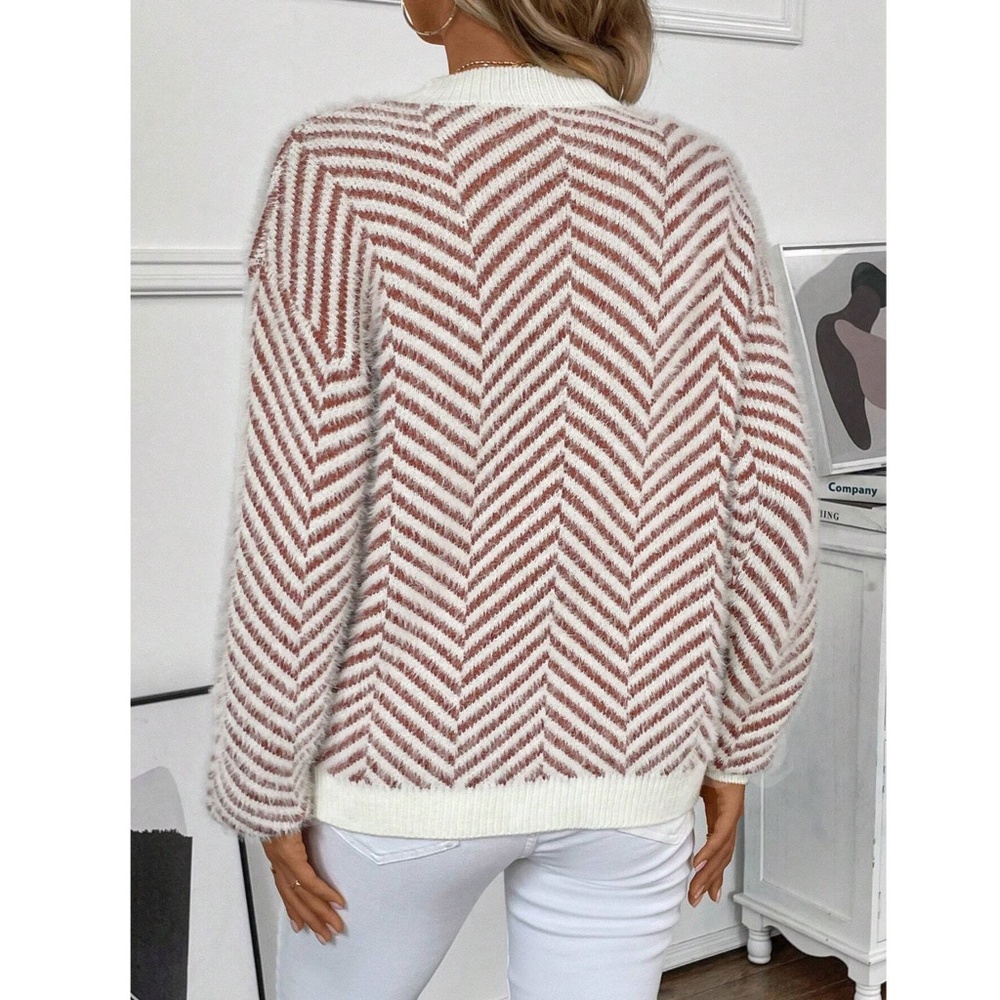 Fuzzy Chevron Brown & Off White Button Up Cardigan Long Sleeve V-Neck - Picture 4 of 7